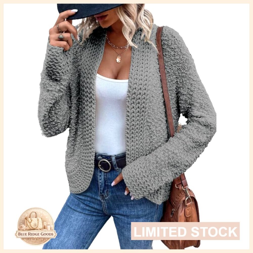 Popcorn Yarn Chunky Knit Cardigan Open Front Long Sleeve Sweater